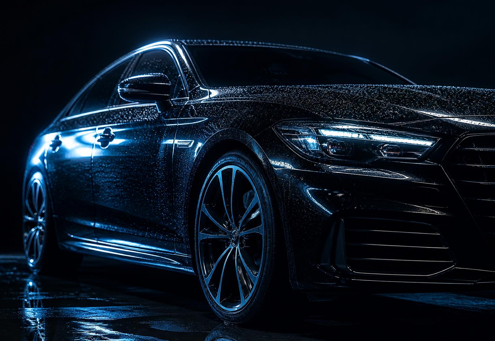 Freshly detailed black sedan with water beading on the paint